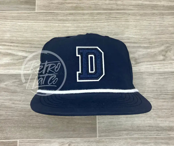 D Letter Patch On Navy Retro Poly Rope Hat Ready To Go