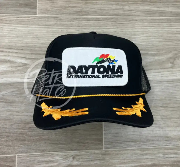 Daytona Speedway Patch On Black Meshback Trucker Hat W/Scrambled Eggs Ready To Go