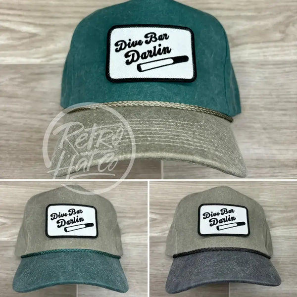 Dive Bar Darlin Patch On 2-Tone Stonewashed Retro Rope Hat Ready To Go