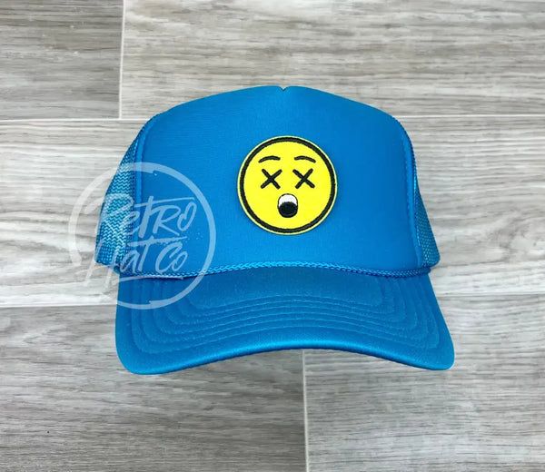 Drunken Smiley Face Emoji Patch On Turquoise Meshback Trucker Hat Ready To Go