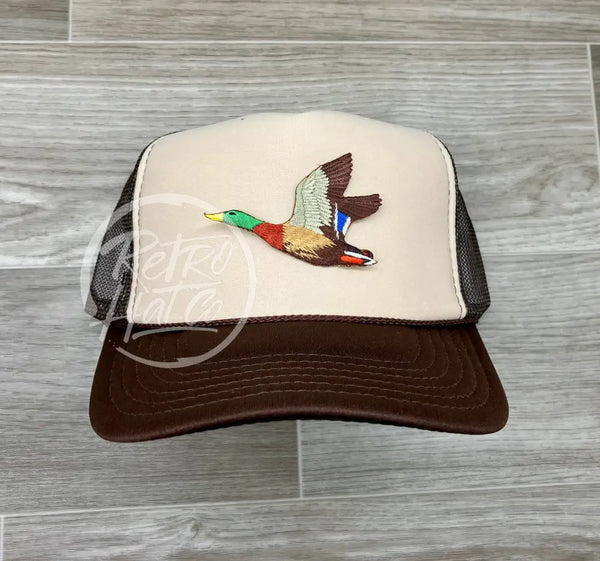 Mallard Duck Patch On Beige/Brown Meshback Trucker Hat Ready To Go