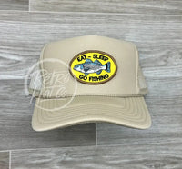 Eat Sleep Fish Patch On Meshback Trucker Hat Beige Ready To Go