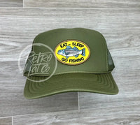 Eat Sleep Fish Patch On Meshback Trucker Hat Olive Ready To Go