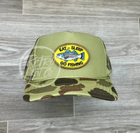 Eat Sleep Fish Patch On Meshback Trucker Hat Solid Front Camo Ready To Go