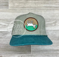 Fainting Goat On Two-Tone Stonewashed Retro Rope Hat Sand/Teal Ready To Go