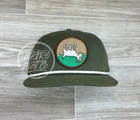 Fainting Goat Patch On Olive Retro Rope Hat W/White Ready To Go
