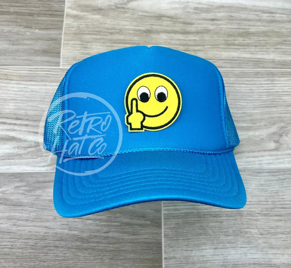 Flip Off (Fu) Smiley Face Emoji Patch On Turquoise Meshback Trucker Hat Ready To Go