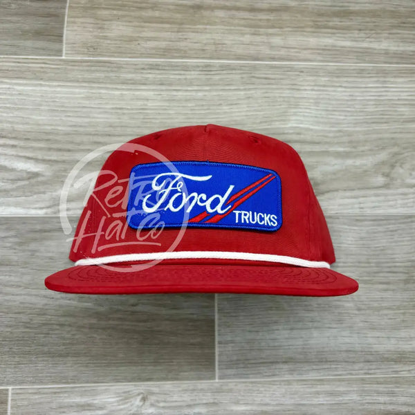 Ford Trucks Patch On Red Retro Hat W/White Rope Ready To Go