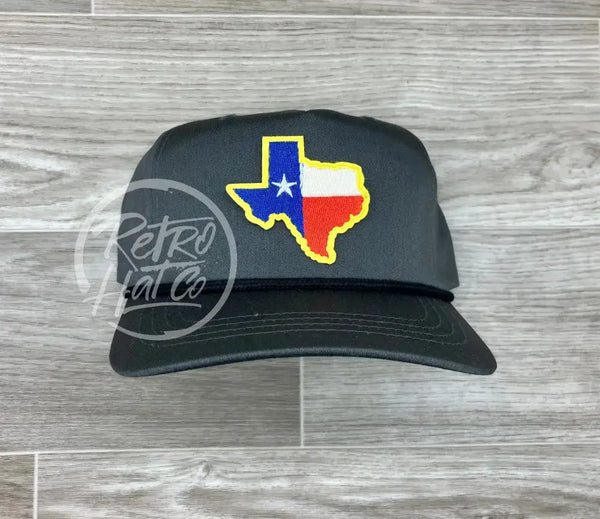 Gold Border Texas Flag Patch On Retro Rope Hat Gray W/Black Ready To Go