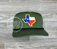 Gold Border Texas Flag Patch On Retro Rope Hat Olive W/Black Ready To Go