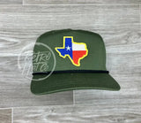 Gold Border Texas Flag Patch On Retro Rope Hat Olive W/Black Ready To Go