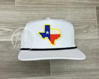 Gold Border Texas Flag Patch On Retro Rope Hat White W/Black Ready To Go