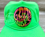 Good Vibes On Neon Lime Nylon Retro Rope Hat Ready To Go