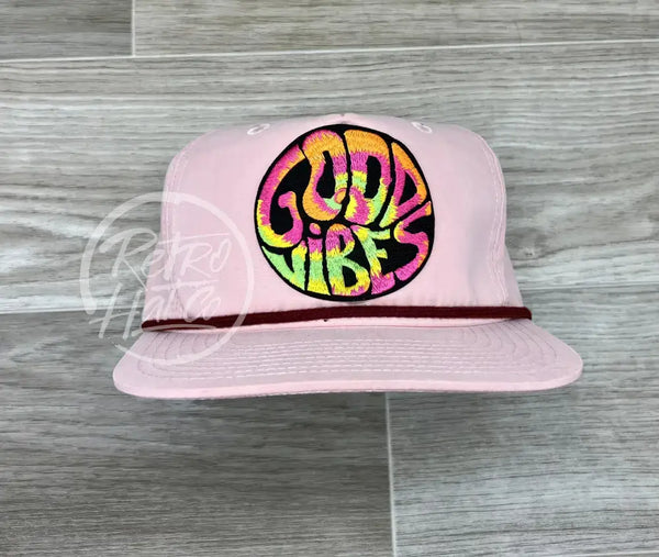 Good Vibes Patch On Blush Retro Rope Hat W/Maroon Ready To Go