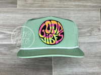 Good Vibes Patch On Retro Poly Rope Hat Green Ready To Go