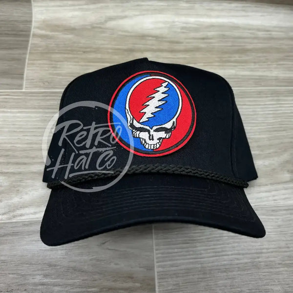 Grateful Dead Lightning Skull (Steal Your Face) On Tall Black Retro Rope Hat Ready To Go