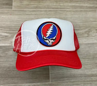 Grateful Dead Lightning Skull (Steal Your Face) On White/Red Meshback Trucker Hat Ready To Go