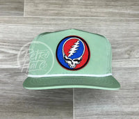 Grateful Dead Lightning Skull (Steal Your Face) Patch On Retro Poly Rope Hat Green Ready To Go