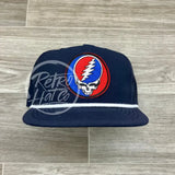 Grateful Dead Lightning Skull (Steal Your Face) Patch On Retro Poly Rope Hat Navy Blue Ready To Go