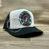 Grateful Dead Skeleton W/Flower Crown On White/Black Meshback Trucker Hat Ready To Go