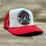 Grateful Dead Skeleton W/Flower Crown On White/Red Meshback Trucker Hat Ready To Go