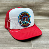 Grateful Dead Skeleton W/Flower Crown On White/Red Meshback Trucker Hat Ready To Go