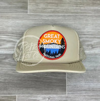 Great Smoky Mountains Natl Park (Red Border) On Beige Meshback Trucker Hat Ready To Go