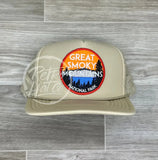 Great Smoky Mountains Natl Park (Red Border) On Beige Meshback Trucker Hat Ready To Go