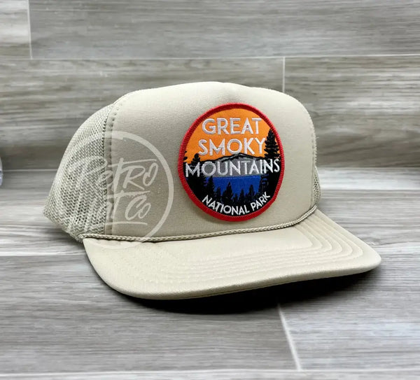 Great Smoky Mountains Natl Park (Red Border) On Beige Meshback Trucker Hat Ready To Go