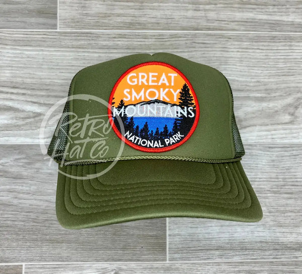 Great Smoky Mountains Natl Park (Red Border) On Olive Meshback Trucker Hat Ready To Go