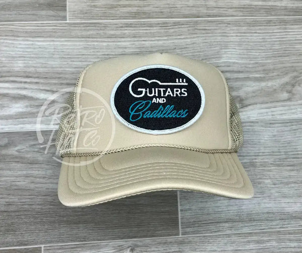 Guitars & Cadillacs (Oval) On Beige Meshback Trucker Hat Ready To Go