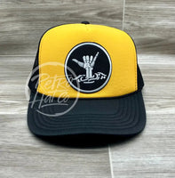 Hang Loose / Shakra Skeleton Patch On Gold/Black Trucker Hat With Snapback Ready To Go