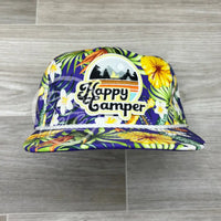 Happy Camper On Purple Hawaiian Retro Rope Hat W/Leather Strap Back Ready To Go