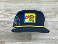 Have A Nice Day (Small) On White Retro Hat W/Black Rope Navy W/Yellow Ready To Go