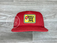 Have A Nice Day (Small) On White Retro Hat W/Black Rope Solid Red Ready To Go