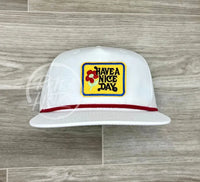 Have A Nice Day (Small) On White Retro Hat W/Black Rope W/Red Ready To Go