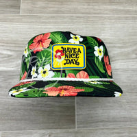 Have A Nice Day (Small) Patch On Black Hawaiian Retro Rope Hat W/Leather Strap Back Ready To Go