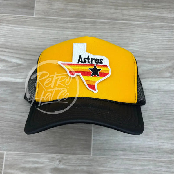 Houston Astros / Texas Patch On Black/Gold Meshback Trucker Hat Ready To Go