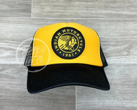 Indian Motorcycle (Blk Circle) Patch On Black/Gold Trucker Hat Ready To Go
