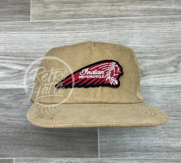 Indian Motorcycle Chief Headdress Patch (Maroon) On Corduroy Hat Tan Ready To Go
