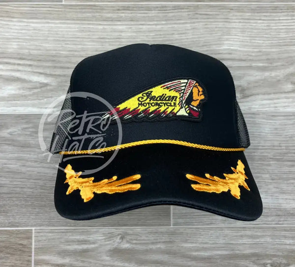 Indian Motorcycle Chief Headdress (Yellow) Patch On Black Trucker Hat W/Scrambled Eggs Ready To Go