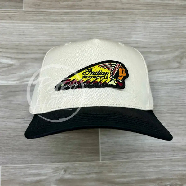 Indian Motorcycle Chief Headdress (Yellow) Patch On Natural/Black Retro Hat Ready To Go