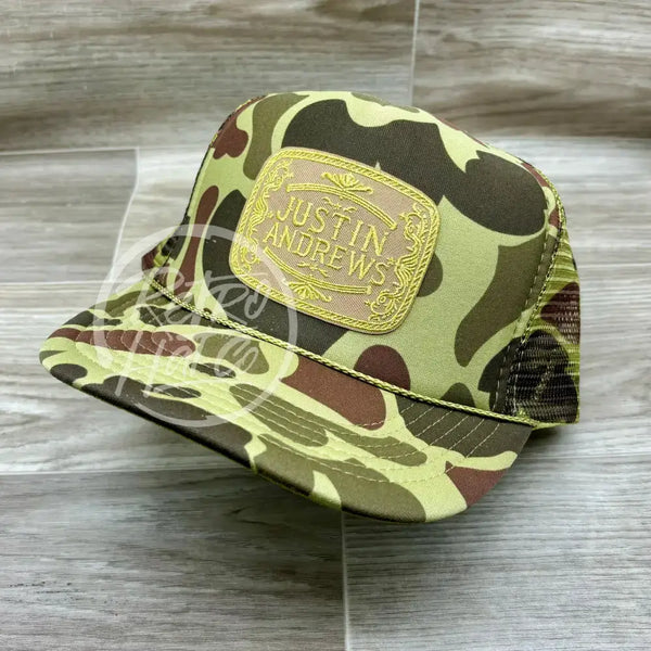 Justin Andrews Gold Buckle Patch On Full Camo Meshback Trucker Ready To Go