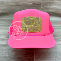 Justin Andrews Gold Buckle Patch On Pink Meshback Trucker Ready To Go