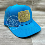Justin Andrews Gold Buckle Patch On Turquoise Meshback Trucker Ready To Go