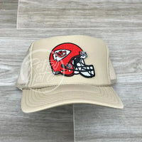 Kansas City Helmet Patch On Beige Meshback Trucker Hat Ready To Go