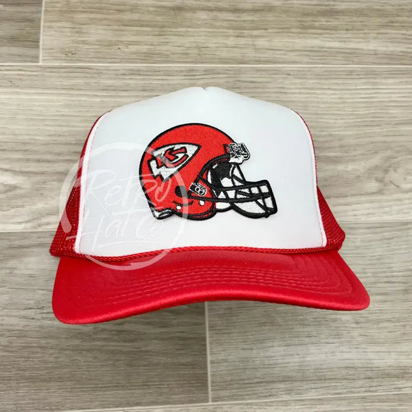 Kansas City Helmet Patch On Red/White Meshback Trucker Hat Ready To Go