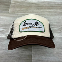 Logan Mac Rifle Patch (Arch) On Brown/Beige Meshback Trucker Hat Ready To Go