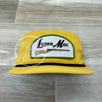 Logan Mac Rifle Patch (Arch) On Mustard Retro Hat W/ Black Rope Ready To Go