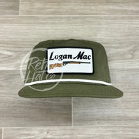 Logan Mac Rifle Patch (B&W) On Olive Green Retro Hat W/White Rope Ready To Go